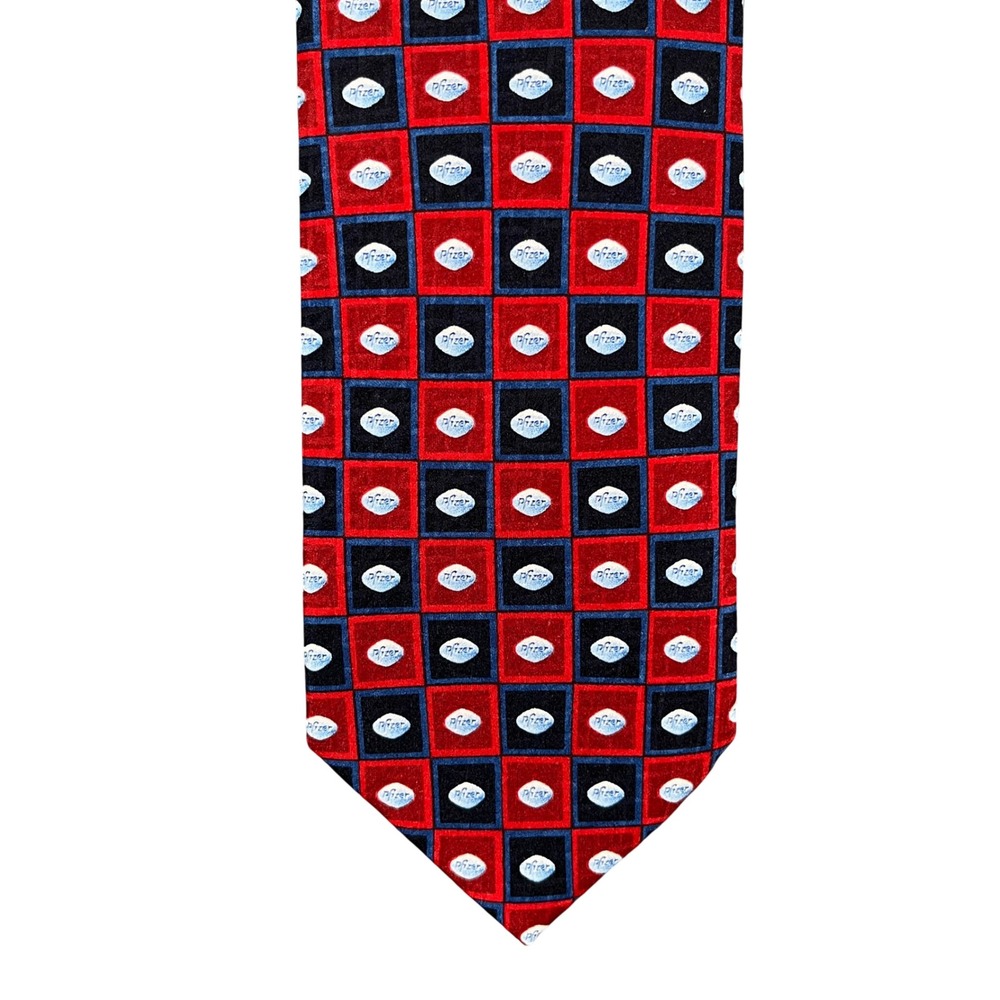 Pfizer Silk Necktie Red Navy Geometric Logo Corporate Business Mens